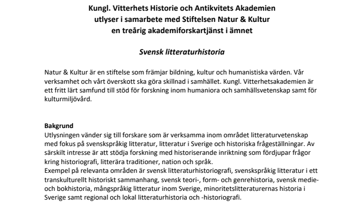 Utlysning akademiforskartjänst svensk litteraturhistoria
