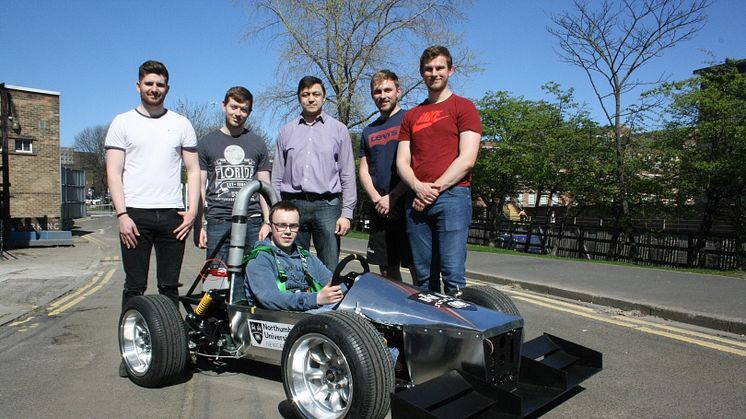 Students from Northumbria’s Mechanical, Automotive and Electrical Engineering programmes, with Dr Ulugbek Azim​ov (centre), Programme Leader in Automotive Engine​ering.