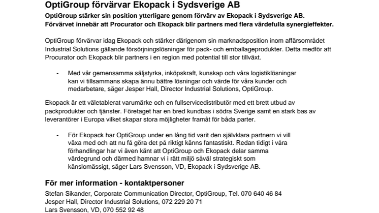 OptiGroup förvärvar Ekopack i Sydsverige AB