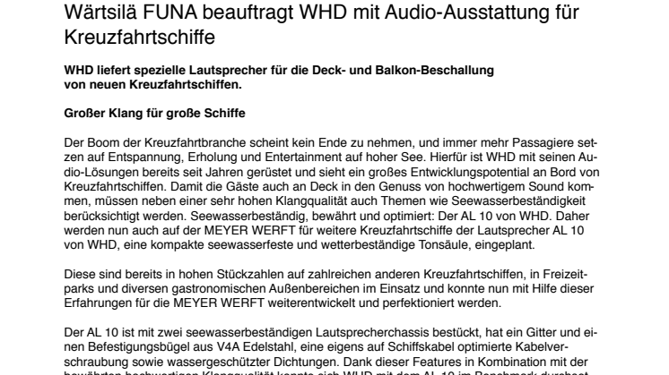 Wärtsilä FUNA beauftragt WHD mit Audio-Ausstattung für Kreuzfahrtschiffe