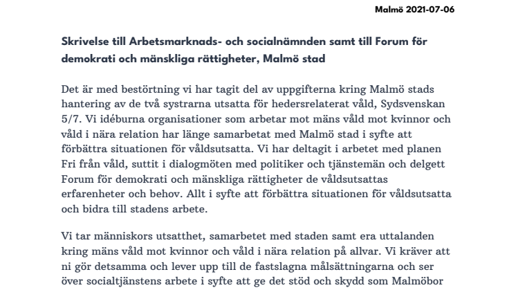 Skrivelse till Arbetsmarknads- och socialnämnden samt till Forum för demokrati och mänskliga rättigheter, Malmö stad.pdf