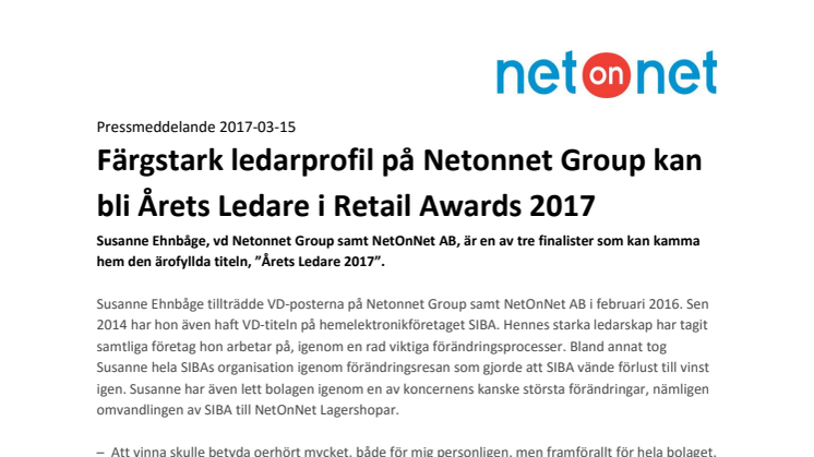 Färgstark ledarprofil på Netonnet Group kan bli Årets Ledare i Retail Awards 2017 