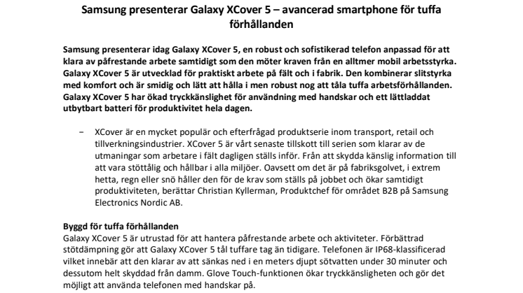 Samsung presenterar Galaxy XCover 5 – avancerad smartphone för tuffa förhållanden