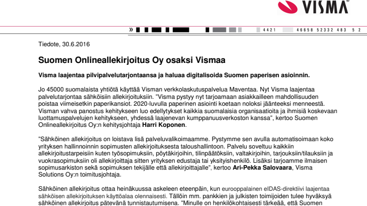 Suomen Onlineallekirjoitus Oy osaksi Vismaa 