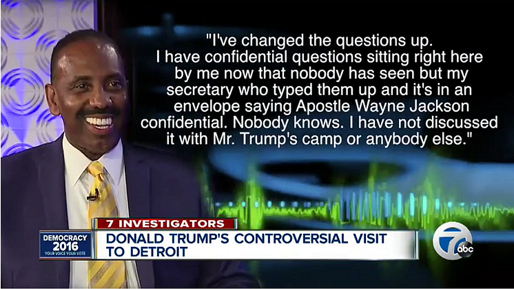 Screen shot from a television report, showing a transcript of Mr Jackson saying he had changed the questions