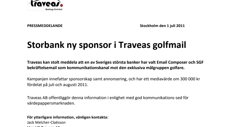 Storbank ny sponsor i Traveas golfmail  