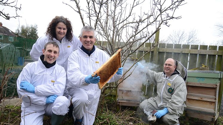 From l-r: Matthew Pound, Helen Hooper and Rinke Vinkenoog of Northumbria University, with urban beekeeper Ian Campbell