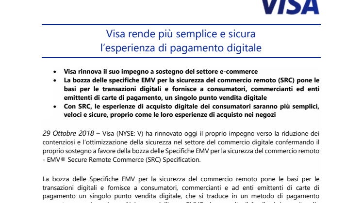 Visa rende più semplice e sicura  l’esperienza di pagamento digitale 