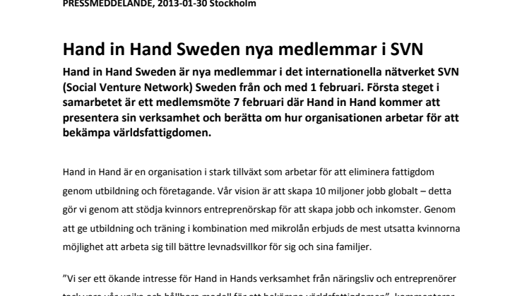 Hand in Hand Sweden nya medlemmar i SVN