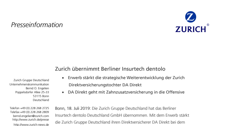 Zurich übernimmt Berliner Insurtech dentolo 