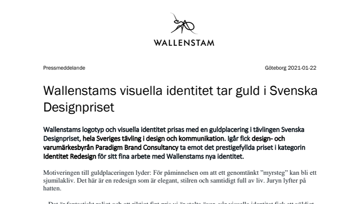 Wallenstams visuella identitet tar guld i Svenska Designpriset
