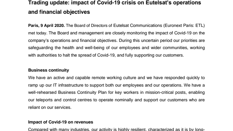 Trading update: impact of Covid-19 crisis on Eutelsat’s operations and financial objectives