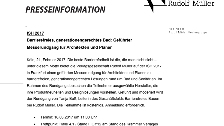 ISH 2017: Barrierefreies, generationengerechtes Bad – Geführter Messerundgang für Architekten und Planer