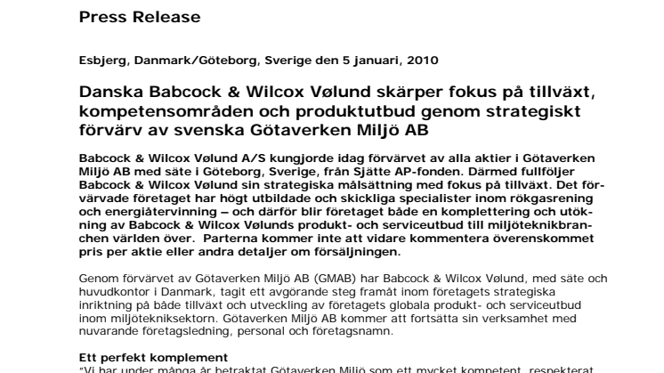Götaverken Miljö AB, förvärvat av Babcock & Wilcox Vølund A/S