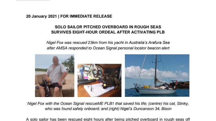 Solo Sailor Pitched Overboard in Rough Seas Survives Eight-Hour Ordeal after Activating PLB