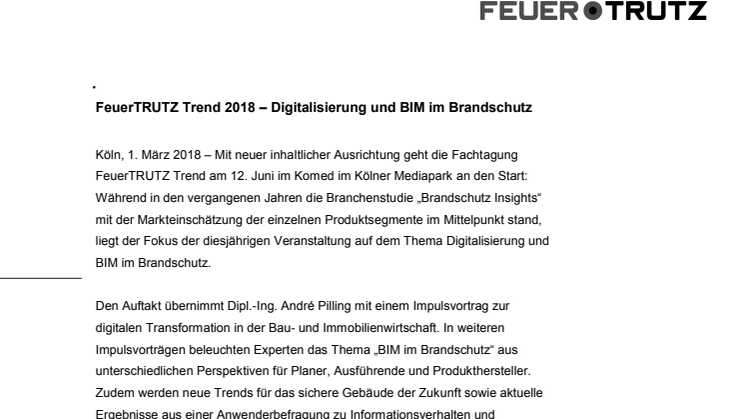 FeuerTRUTZ Trend 2018 – Digitalisierung und BIM im Brandschutz