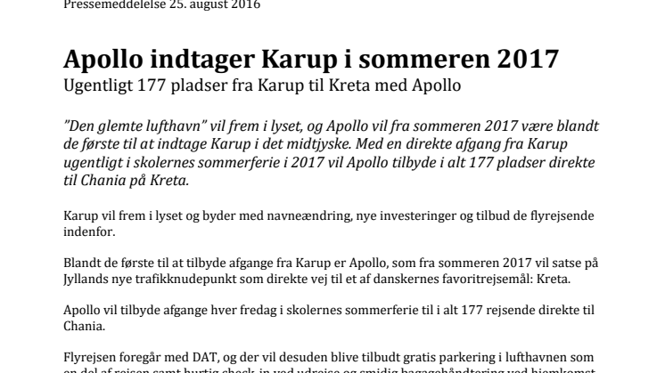 Apollo indtager Karup i sommeren 2017