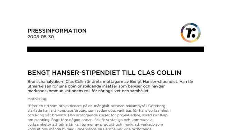 Bengt Hanser-stipendiet till Clas Collin