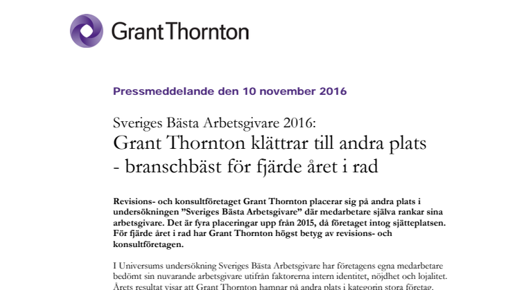 Sveriges Bästa Arbetsgivare 2016: Grant Thornton klättrar till andra plats - branschbäst för fjärde året i rad