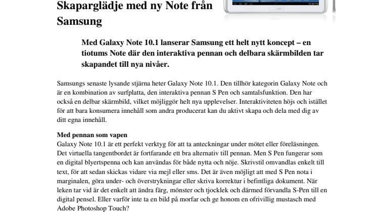 Galaxy Note 10.1 snart i butik:  Skaparglädje med ny Note från Samsung