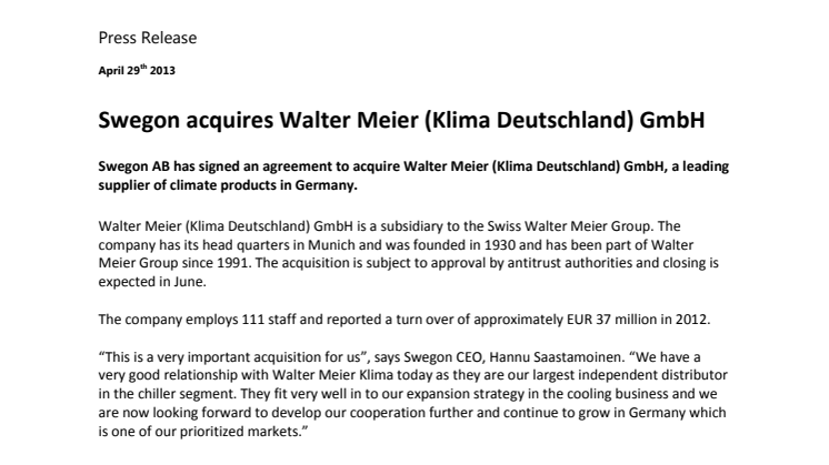 Swegon acquires Walter Meier (Klima Deutschland) GmbH