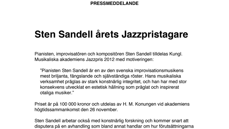 Sten Sandell årets Jazzpristagare