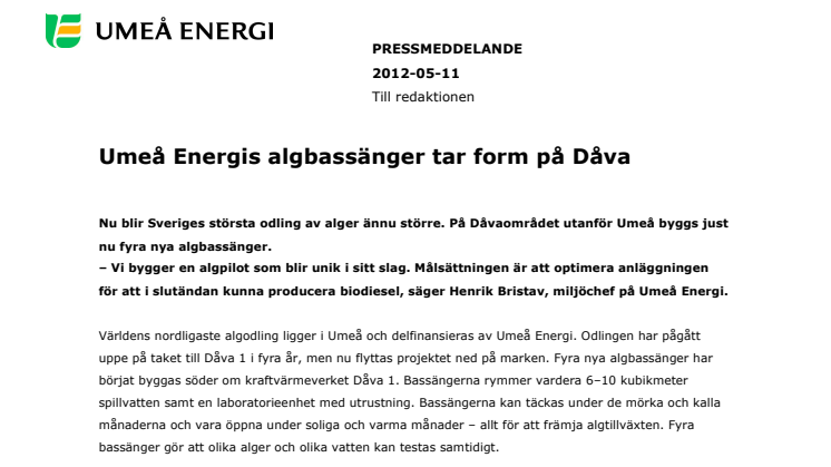 Umeå Energis algbassänger tar form på Dåva