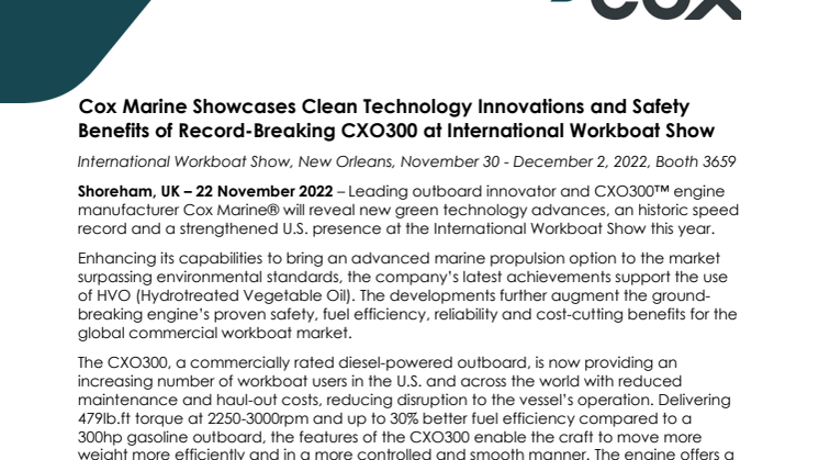 IWBS 2022 - Cox Marine Showcases Clean Technology Innovations and Safety Benefits of Record-Breaking CXO300.pdf