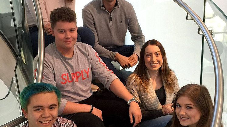 : Six of the seven successful EBM Students: Front L-R - John Nichols and Lydia Willis. Mid row L-R -  Alex Colby and Samantha Bright. Back L-R - Georgie Smith and Sam McDermid.  