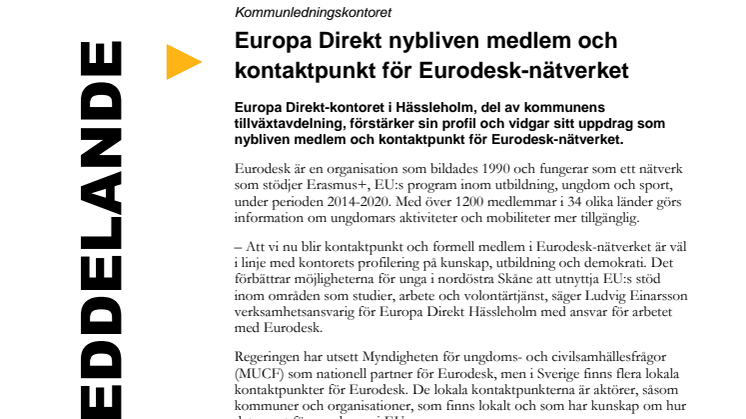 Europa Direkt nybliven medlem och kontaktpunkt för Eurodesk-nätverket