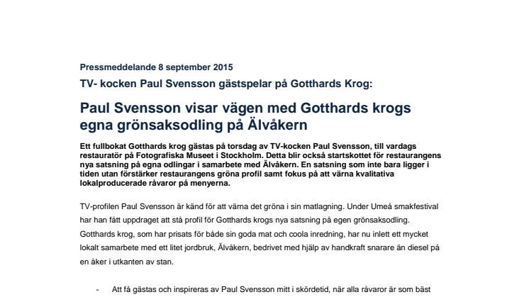 TV- kocken Paul Svensson gästspelar på Gotthards Krog