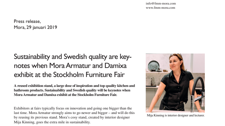 Sustainability and Swedish quality are keynotes when Mora Armatur and Damixa exhibit at the Stockholm Furniture Fair