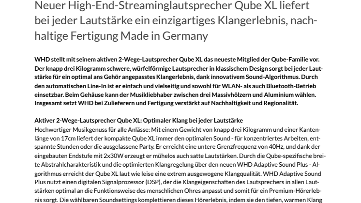 Neuer High-End-Streaminglautsprecher Qube XL liefert bei jeder Lautstärke ein einzigartiges Klangerlebnis, nachhaltige Fertigung Made in Germany