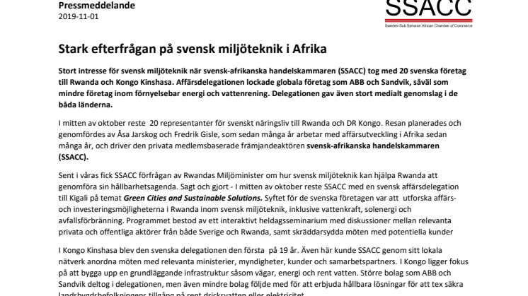 Stark efterfrågan på svensk miljöteknik i Afrika