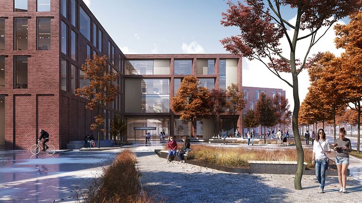 Planförslaget utgår från ett vinnande tävlingsbidrag från Wingårdh Arkitektkontor och AAART Architects. Här skolan sedd från Svanevägen. 
