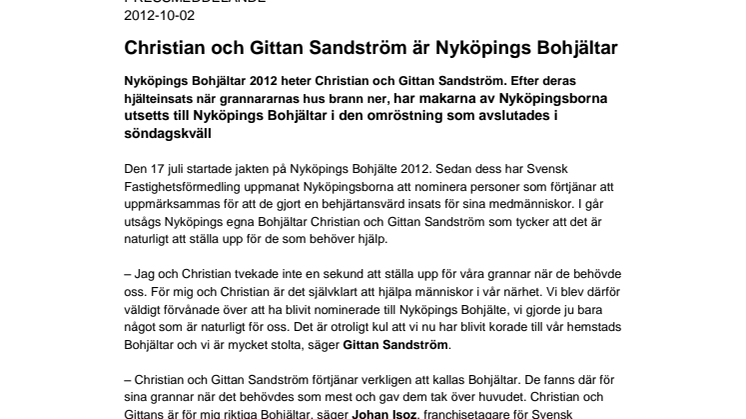 Christian och Gittan Sandström är Nyköpings Bohjältar  