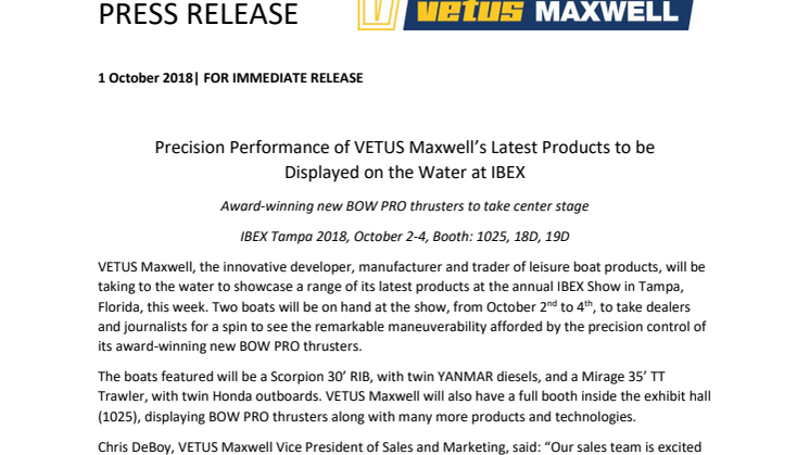 Precision Performance of VETUS Maxwell’s Latest Products to be Displayed on the Water at IBEX