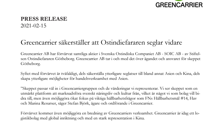 Press release som PDF - Greencarrier säkerställer att Ostindiefararen seglar vidare