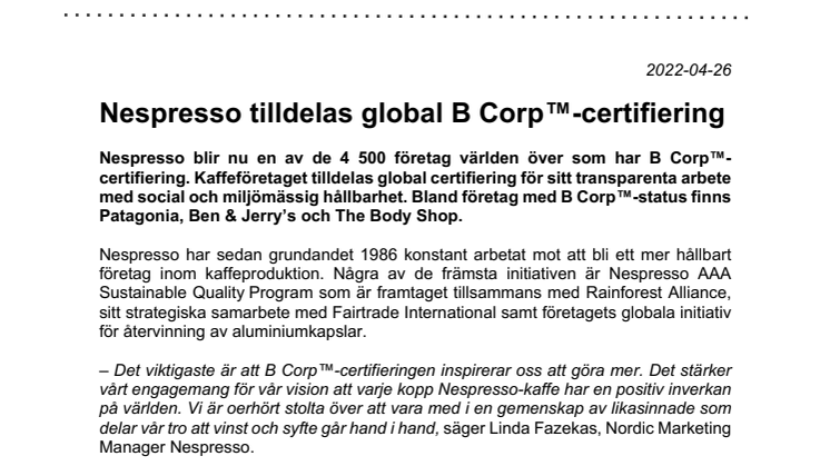 2022-04-26 Nespresso tilldelas global B Corp™-certifiering.pdf