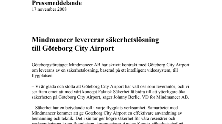 Mindmancer levererar säkerhetslösning till Göteborg City Airport