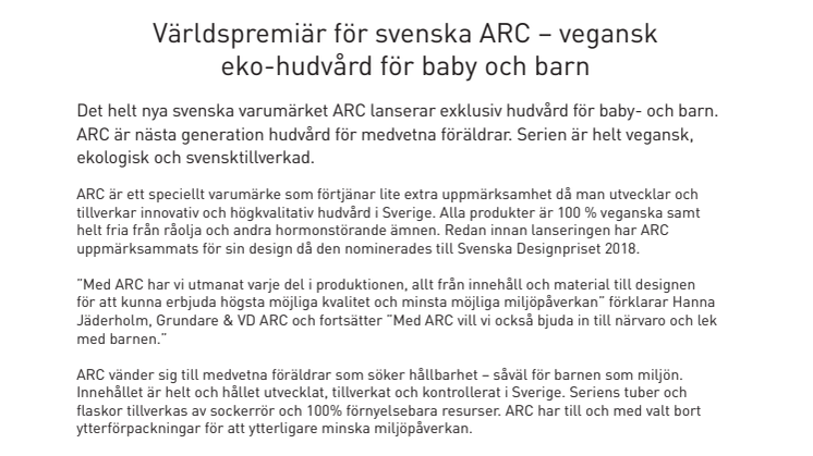 Världspremiär för svenska ARC – vegansk eko-hudvård för baby och barn 