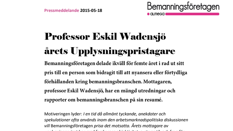 Professor Eskil Wadensjö årets Upplysningspristagare