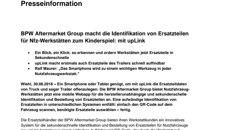 BPW Aftermarket Group macht die Identifikation von Ersatzteilen für Nfz-Werkstätten zum Kinderspiel: mit upLink