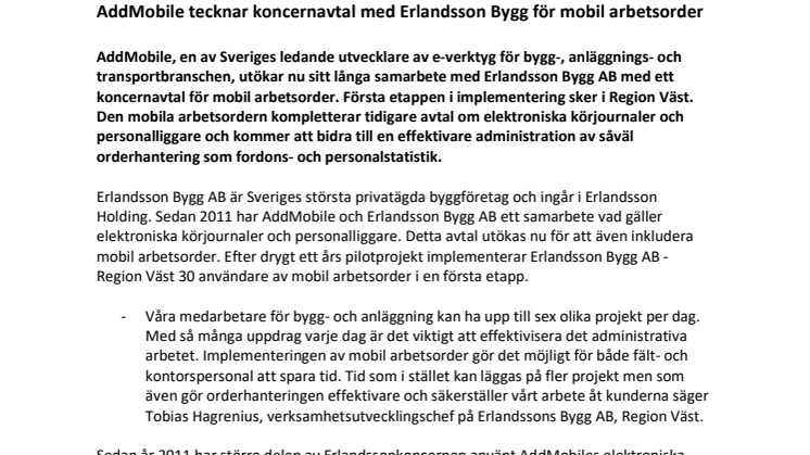 ​AddMobile tecknar koncernavtal med Erlandsson Bygg för mobil arbetsorder