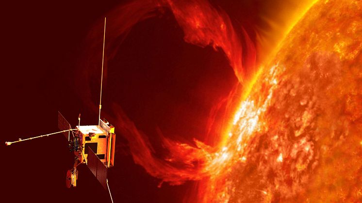 Illustration av Solar Orbiter som inom kort skjuts upp med destination solen. IRF bidrar till instrumentet Radio and Plasma Waves (RPW). Copyright: ESA/AOES