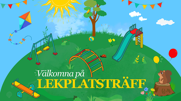 Illustrasjon av solig lekpark med texten "Välkomna på lekplatsträff"