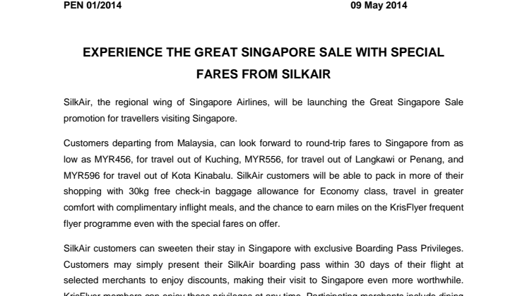 Experience The Great Singapore Sale With Special Fares From SilkAir