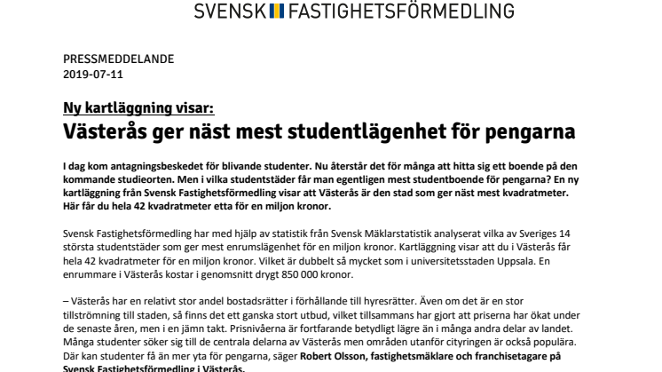 Ny kartläggning visar: Västerås ger näst mest studentlägenhet för pengarna