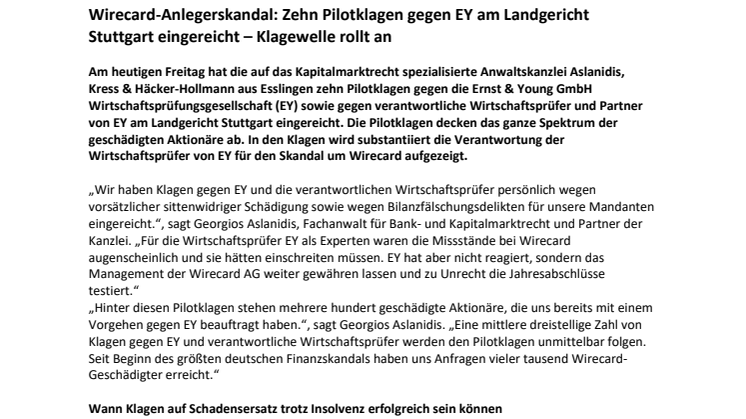 Wirecard-Anlegerskandal: Zehn Pilotklagen gegen EY am Landgericht Stuttgart eingereicht – Klagewelle rollt an