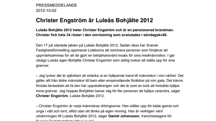 Christer Engström är Luleås Bohjälte 2012  